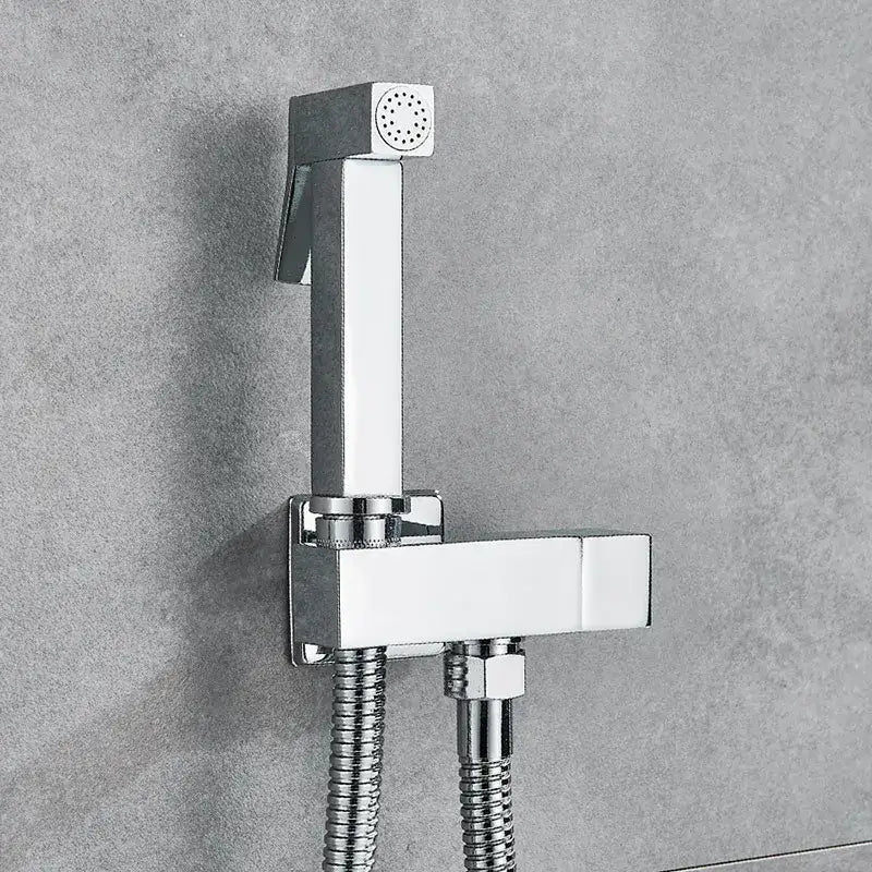 Chrome-finished square shower nozzle with sleek design and flexible hose for modern black and gold brass bidet faucet use