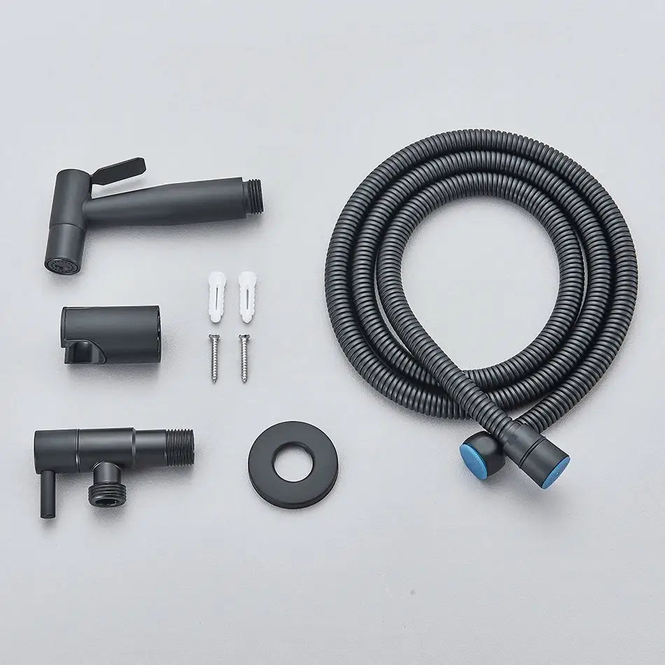 Black matte brass bidet faucet spray hose kit with flexible corrugated tubing and blue-tipped connectors for decorbites brass bidet