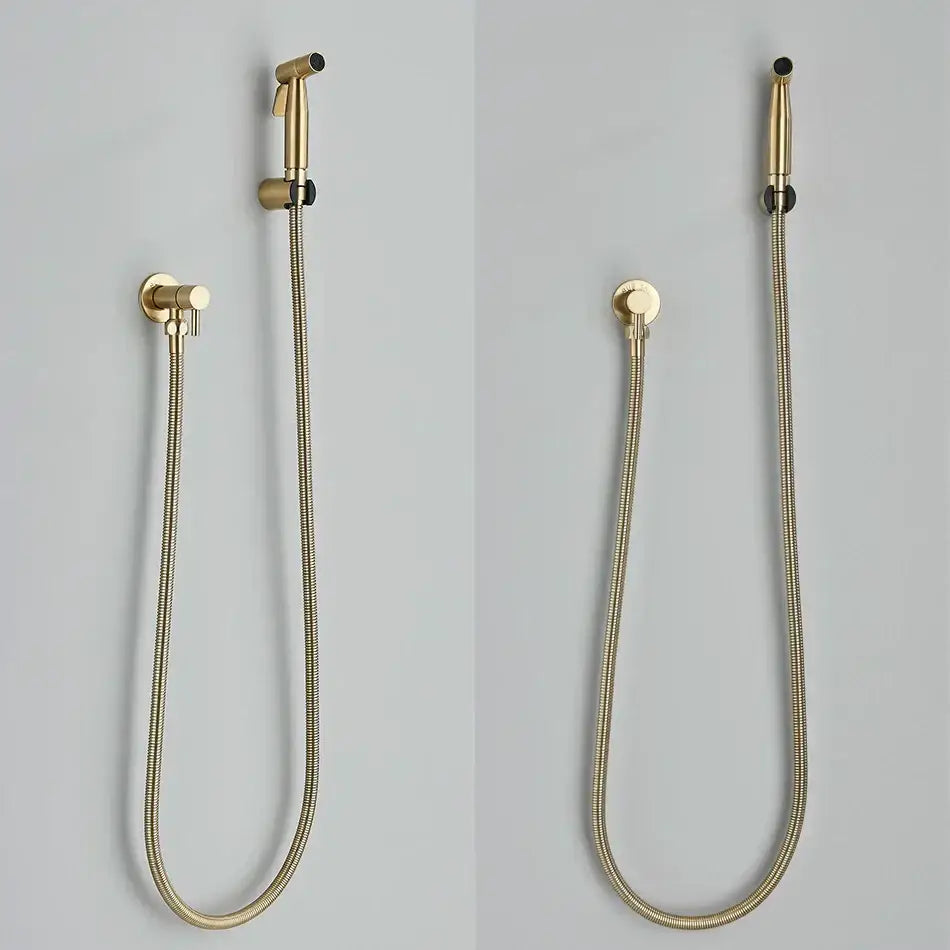 Gold-toned decorbites brass bidet faucet with sleek flexible braided hose and minimalist design for bathroom sprayer jet
