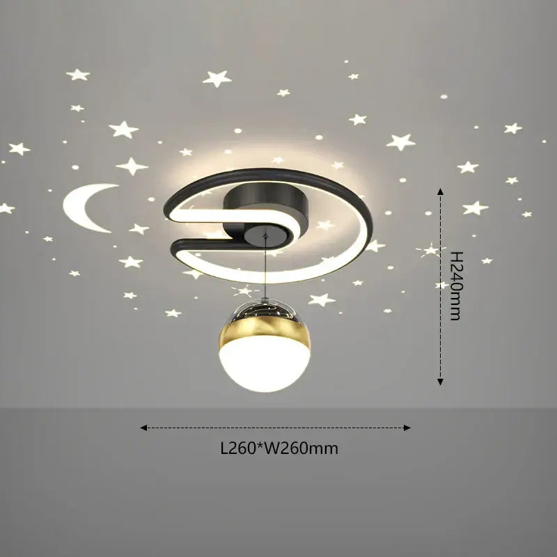 Modern black and gold celestial led ceiling lamp with curved ring and spherical pendant casting star-shaped decals