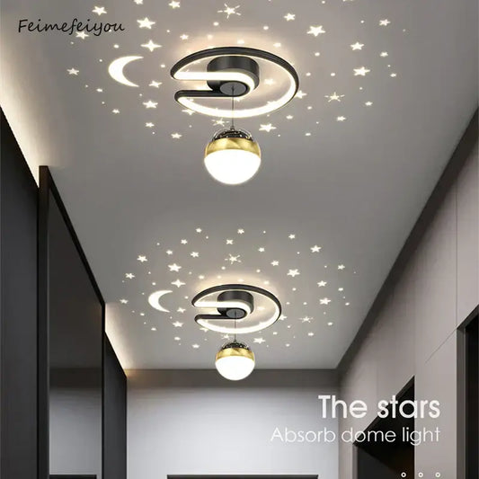 Modern black and gold celestial led ceiling lamp with spherical pendant and star moon pattern projection for bedroom decorbites led ceiling
