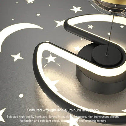 Modern black and gold celestial led ceiling lamp with crescent moon shape and sleek wrought iron aluminum body light strip