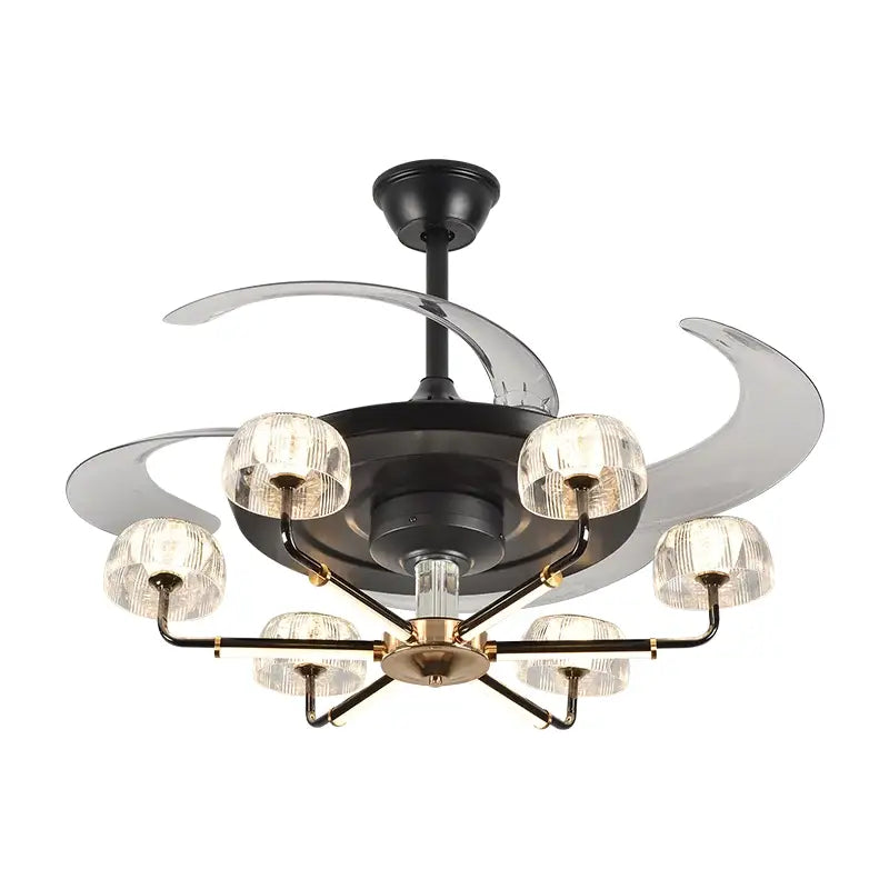 Modern black and brass ceiling fan with six clear textured glass globes and remote control decorbites chandelier ceiling