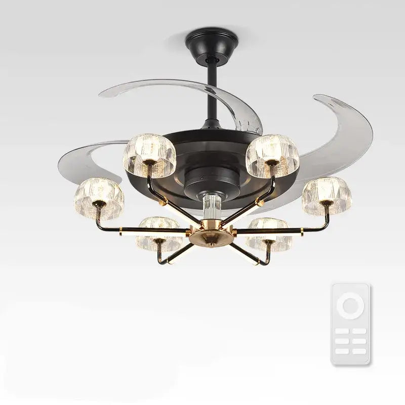 Modern black and gold chandelier ceiling fan with remote control featuring clear glass shades and curved transparent blades