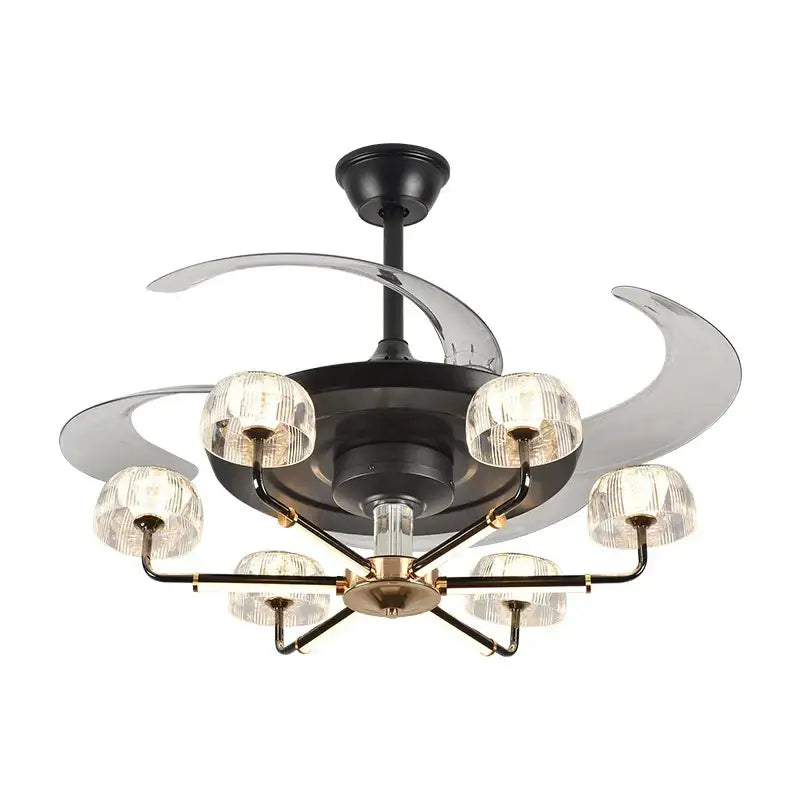 Modern black and gold decorbites chandelier ceiling fan with remote control and six textured glass globe shades for bedroom light