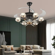 Modern black and gold decorbites chandelier ceiling fan with glass globe lights and remote control for bedroom use