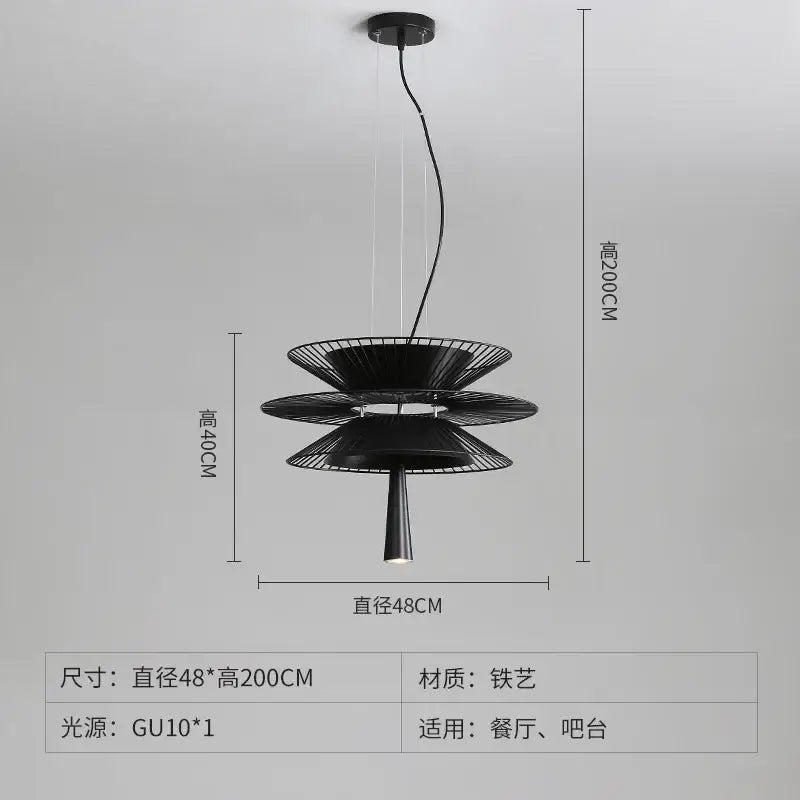 Modern black and gold circular iron pendant light with tiered petal wireframe and conical base for room pendant light decorbites iron art