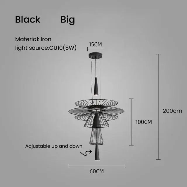 Modern black and gold circular iron pendant light with tiered wireframe design and adjustable height room pendant light by decorbites iron art