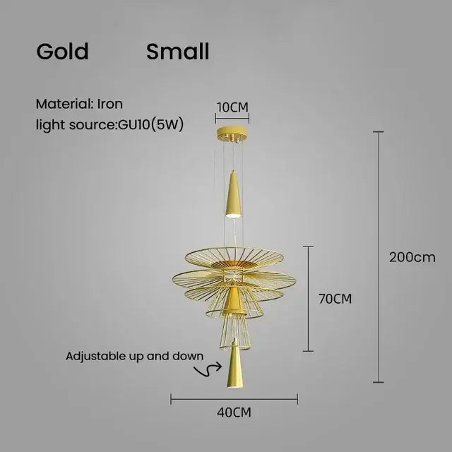Modern black and gold iron pendant light with tiered circular frames and conical elements for dining room decorbites iron art