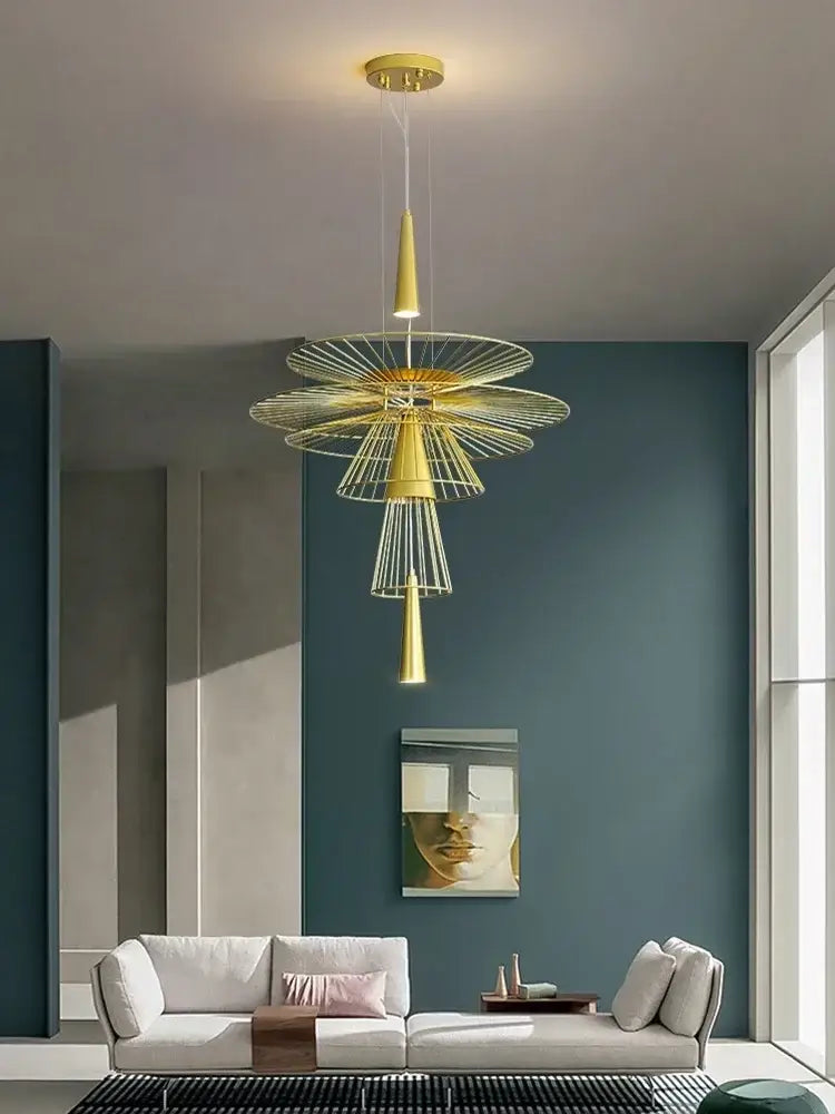 Modern black and gold circular iron pendant light with golden geometric chandelier and tapered pendant elements for dining room decorbites iron art room pendant light