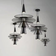 Modern black and gold iron pendant light featuring concentric circular wire frames and conical shades for room decorbites iron art