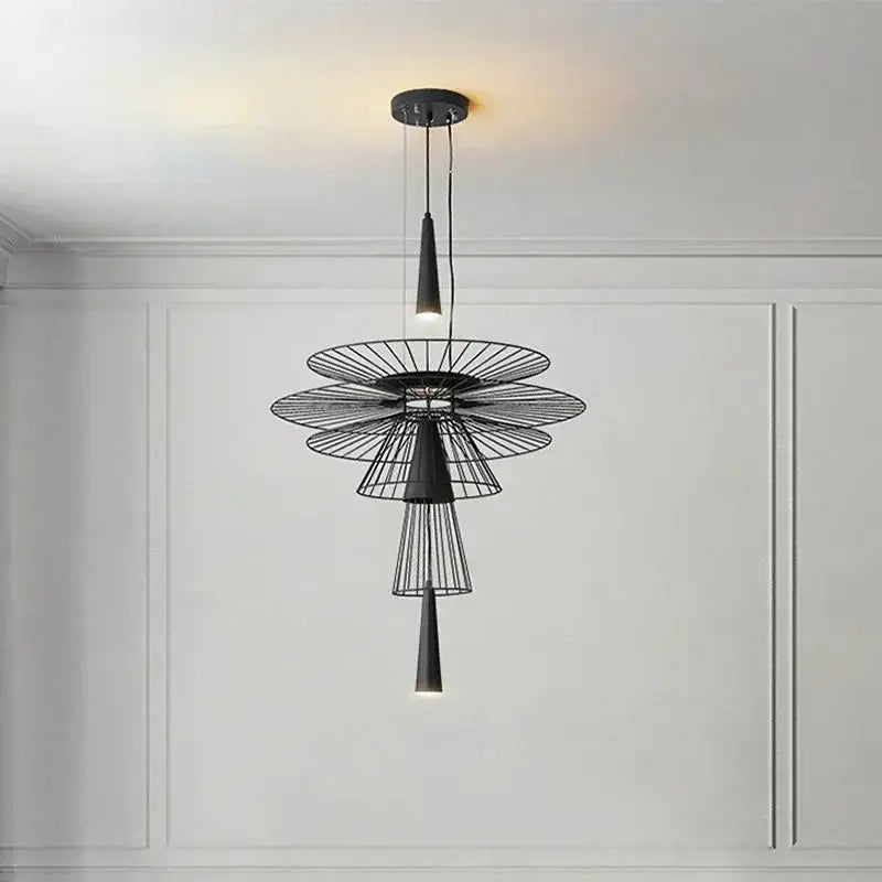 Modern black and gold circular iron pendant light with layered petal wirework and conical fixtures for dining room decorbites iron art room pendant light