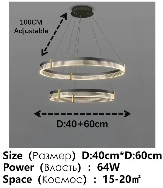 Modern black and gold circular pendant light with sleek metallic rings and decorbites black acrylic led accents for living room decor