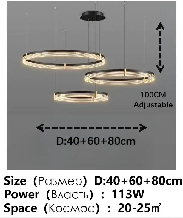 Modern black and gold circular pendant light with adjustable height led rings featuring decorbites black acrylic design