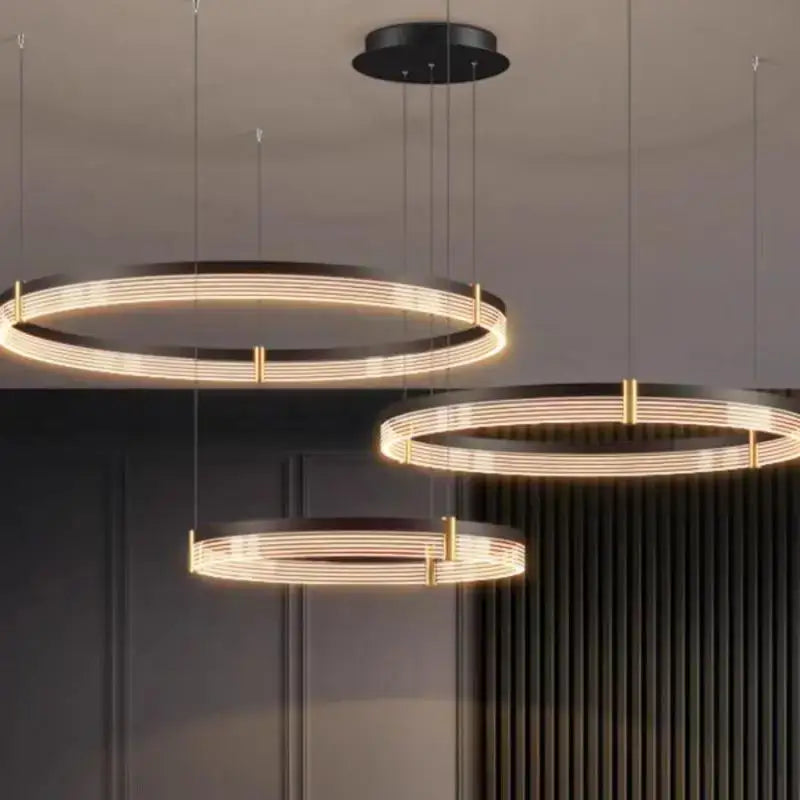 Modern black and gold circular pendant light with decorbites black acrylic led rings for living room decor