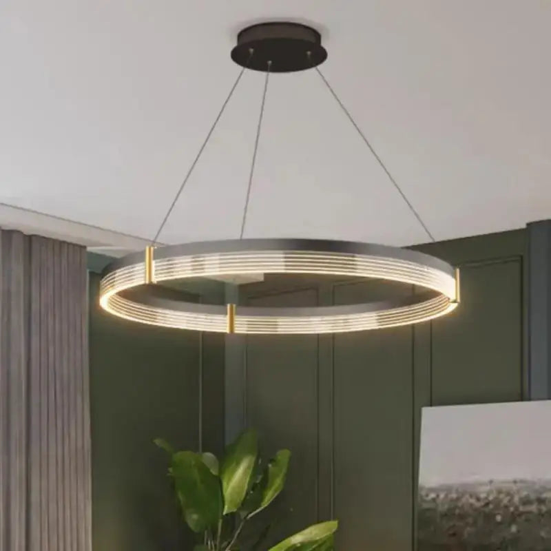 Modern black and gold circular pendant light with sleek metallic frame and warm led lighting perfect for living room decorbites black acrylic led