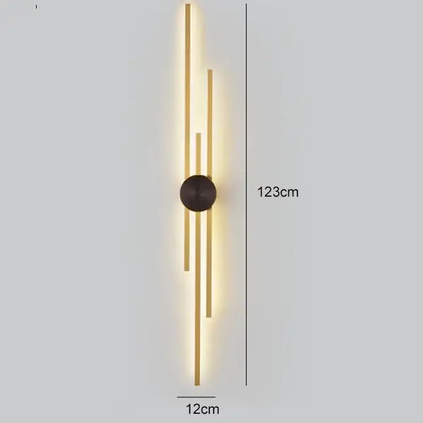 Modern black and gold copper wall light with led vertical bars and a central black base for bedroom decorbites copper wall light
