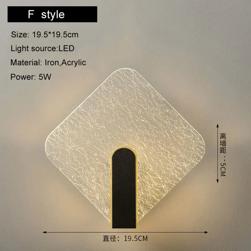 Modern black and gold led wall lamp with diamond-shaped crackled acrylic diffuser and black iron base for bedroom lighting