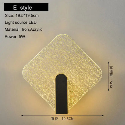 Modern black and gold led wall lamp with diamond-shaped crackled acrylic panel and black iron base for bedroom lighting