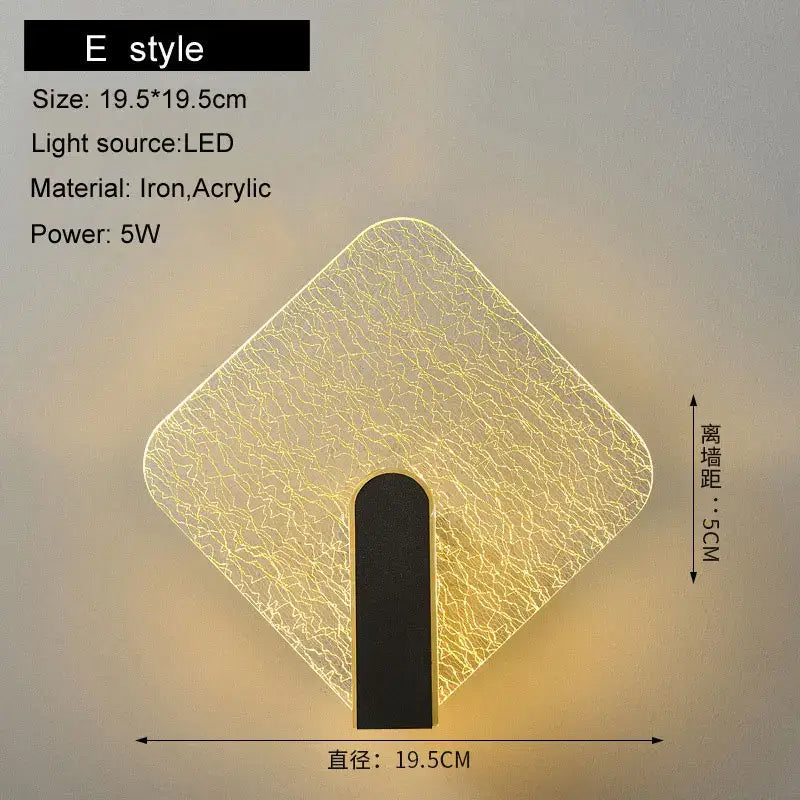 Modern black and gold led wall lamp with diamond-shaped crackled acrylic panel and black iron base for bedroom lighting