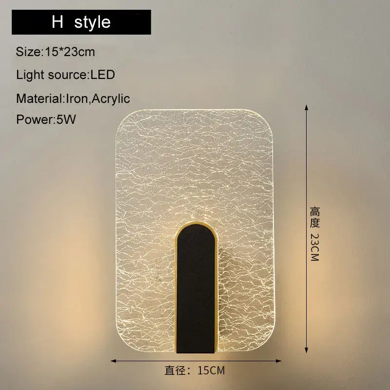 Modern black led wall lamp with gold crackled glass diffuser and black iron frame for bedroom lighting