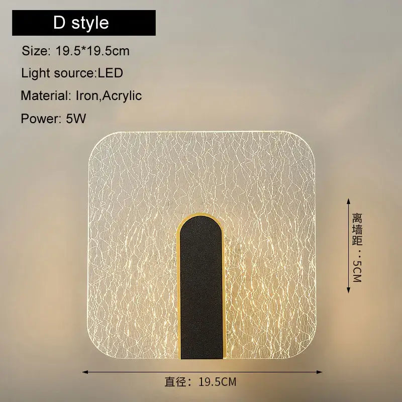 Modern black and gold led wall lamp with crackled acrylic finish and iron black panel for bedroom lighting