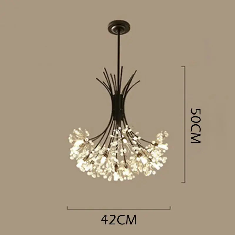 A modern black pendant light with a cascading decorbites crystal bouquet design for dining room decor