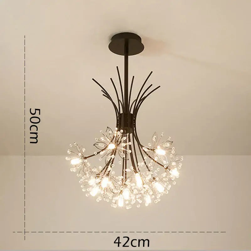 Modern black and gold pendant light with decorbites crystal bouquet design and warm clear crystal bulbs for dining room decor