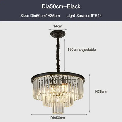 Modern black and gold crystal ceiling chandelier with cascading prisms and adjustable chain for living room lighting