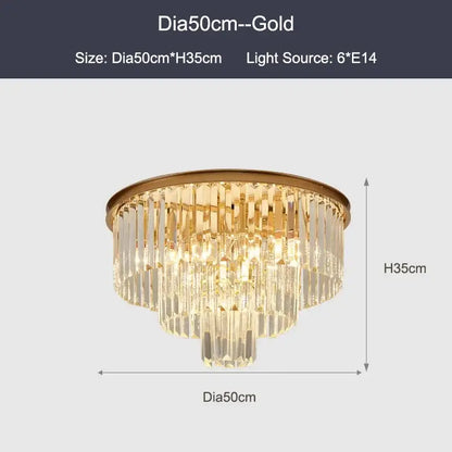 Gold-finished modern black and gold crystal ceiling chandelier with cascading crystal prisms for living room light