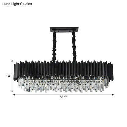 Modern black rectangular chandelier with faceted crystal droplets and twisted metal chains for dining room lighting