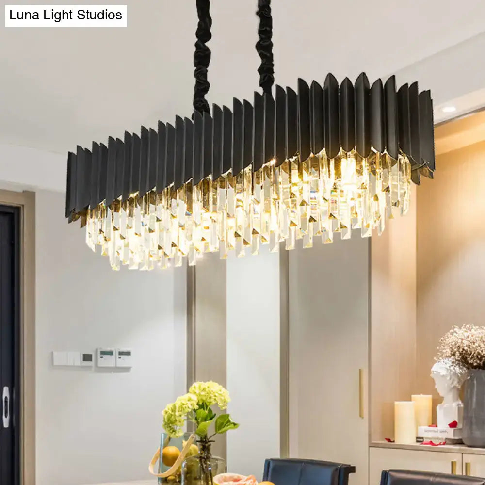 Modern black and gold crystal chandelier with cascading prisms for dining room rectangular lighting fixture