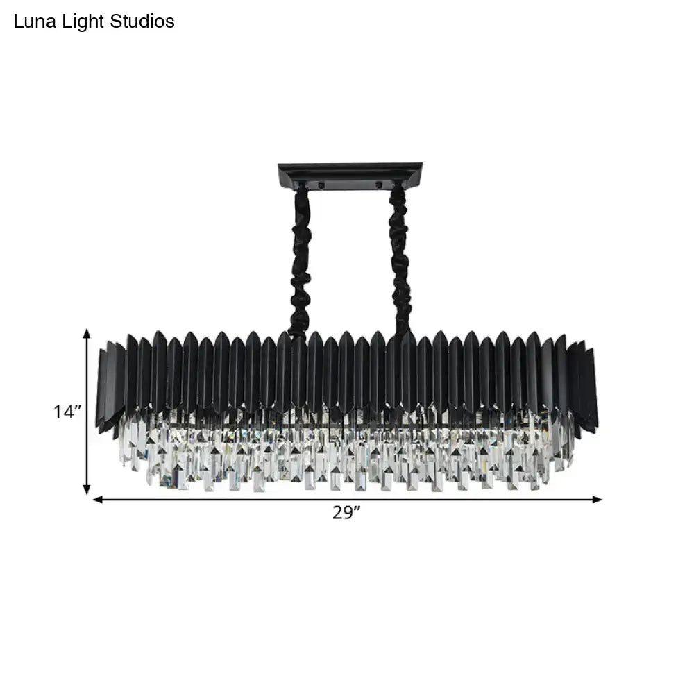 Modern black and gold crystal chandelier with vertical crystal prisms and clear glass elements for dining room use