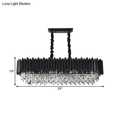 Modern black and gold crystal chandelier with vertical crystal prisms and clear glass elements for dining room use