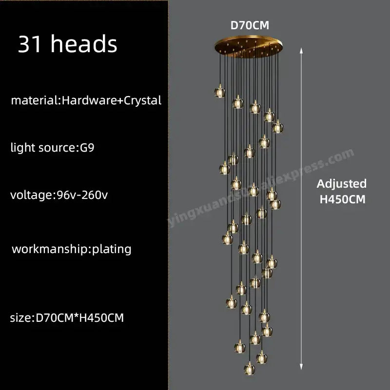 Modern black and gold crystal chandelier led pendant light with 31 gold-toned crystal-encased g9 light heads