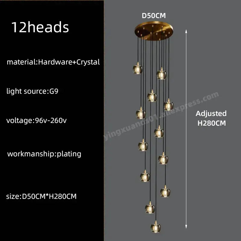 Modern black and gold crystal chandelier pendant light with 12 gold crystal led lights for staircase illumination