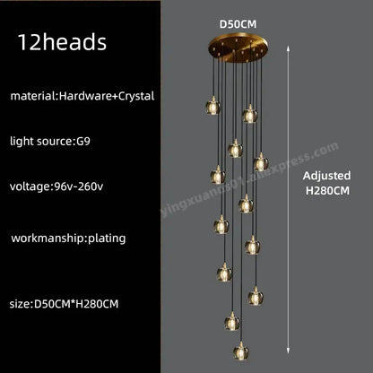 Modern black and gold crystal chandelier pendant light with 12 gold crystal led lights for staircase illumination