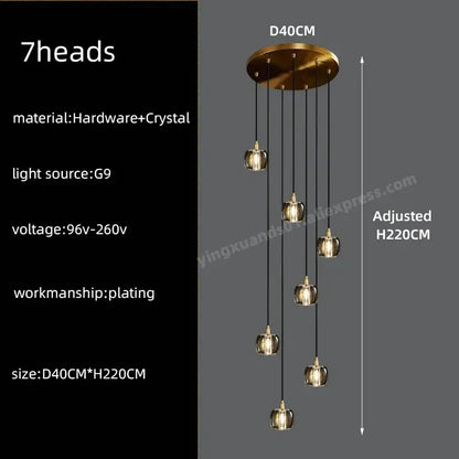 Modern black and gold crystal chandelier led pendant light with seven gold-tone crystal globe lights hanging from brass fixture