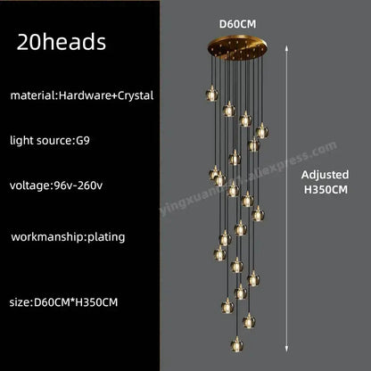 Modern black and gold crystal chandelier pendant light with 20 gold-plated crystal led lights for staircase lighting