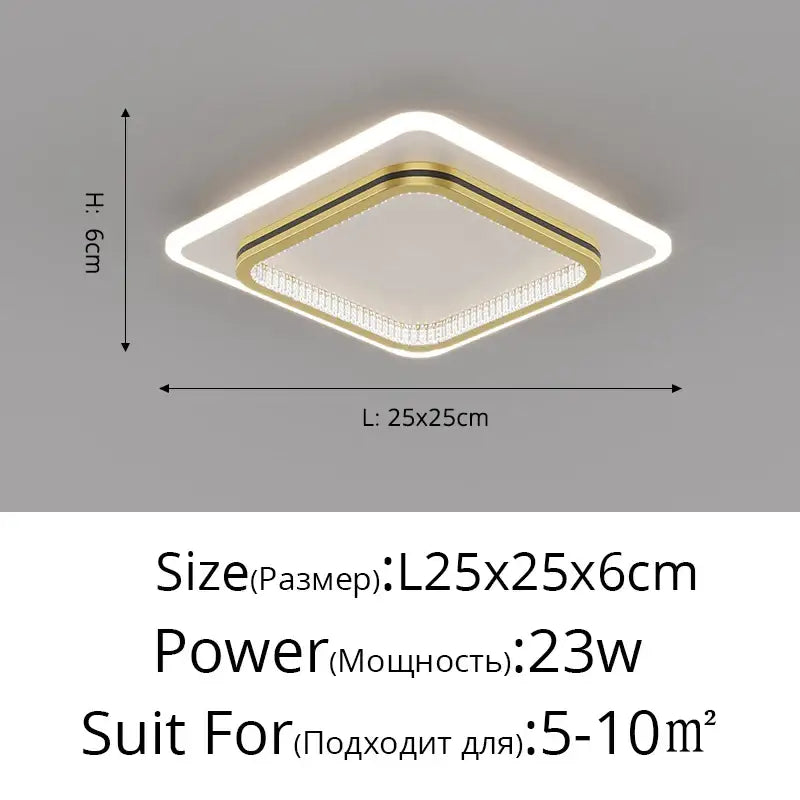 Modern black and gold crystal led ceiling lights featuring a square white led illumination with gold trim for entrance hallways