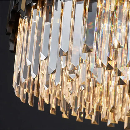 Modern black and gold crystal led chandelier with cascading rectangular crystal prisms for living room lighting