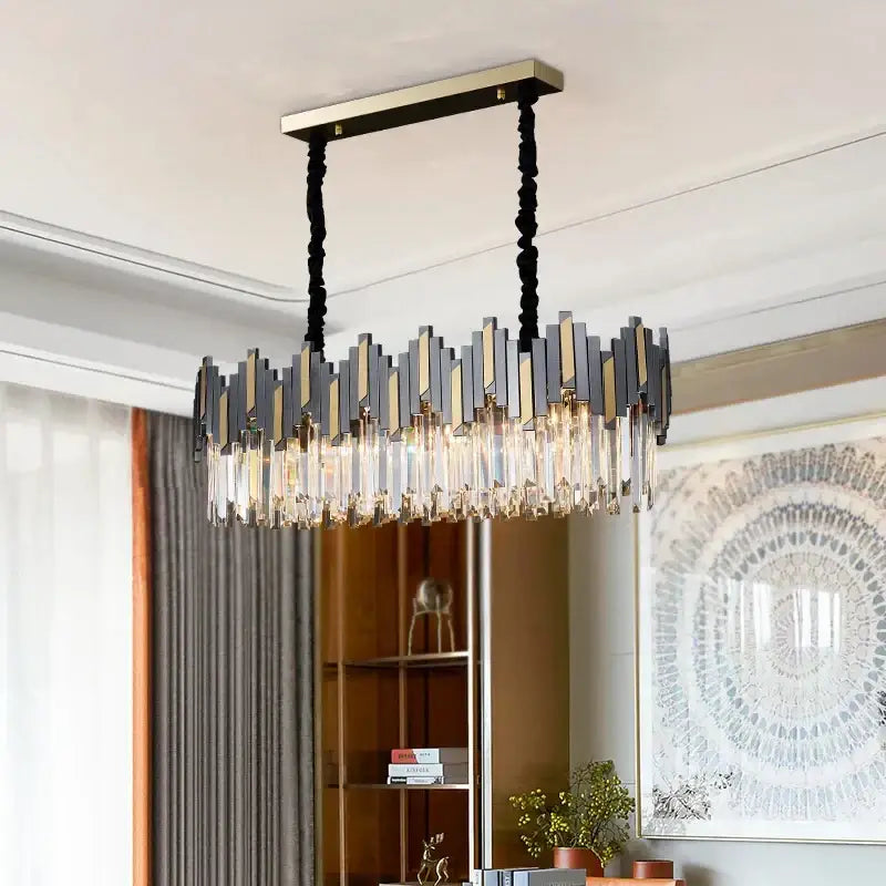 Modern black and gold crystal led chandelier with brushed brass frame and cascading clear crystal prisms for living room lighting