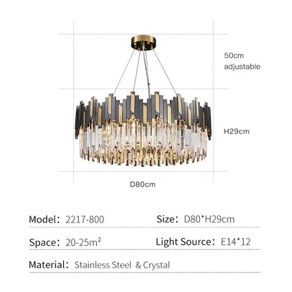 Modern black and gold crystal led chandelier with stainless steel bars and clear prisms for living room lighting