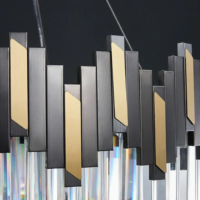 Modern black and gold crystal led chandelier with sleek metallic panels and prismatic glass rods for living room lighting