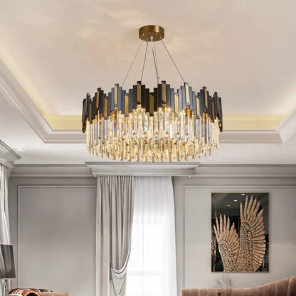 Modern black and gold crystal led chandelier with circular frame and cascading clear prisms for living room lighting