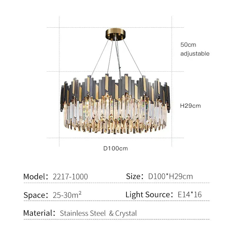 A modern black and gold crystal led chandelier with stainless steel bars and clear crystal prisms for living room lighting