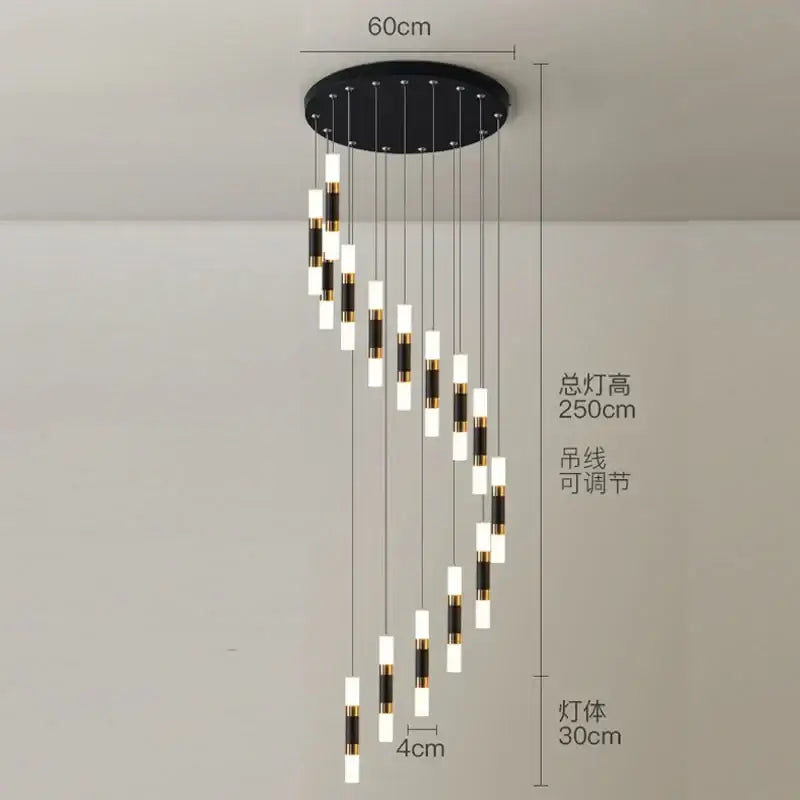 Modern black and gold decorbites crystal led chandelier with circular ceiling fixture and cascading cylindrical light modules