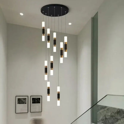 Modern black and gold crystal led chandelier with cylindrical frosted glass shades for staircase decorbites crystal led