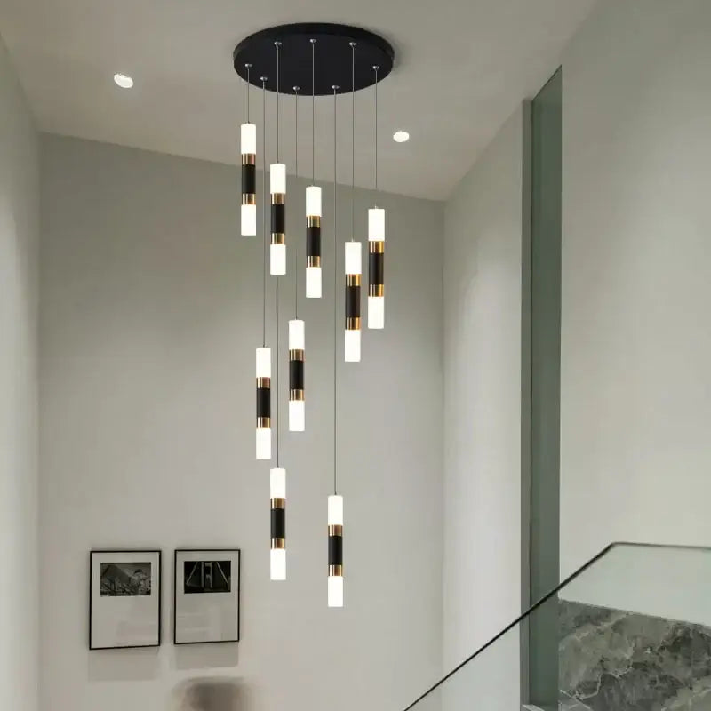 Modern black and gold crystal led chandelier with cylindrical frosted glass shades for staircase decorbites crystal led