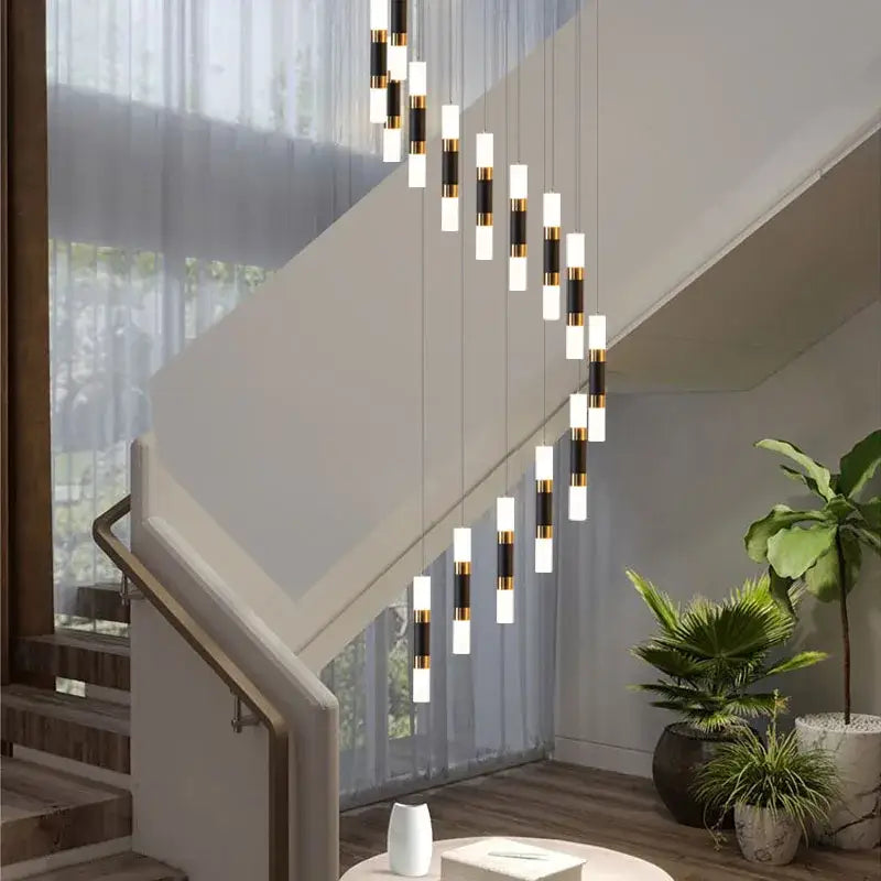 Modern black and gold crystal led chandelier staircase pendant light with decorbites crystal led cylindrical segments